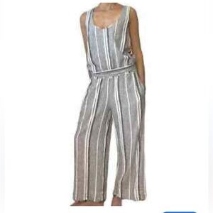 Cloth & Stone Striped Jumpsuit Wide Frayed Legs Open Back Linen Blend XS